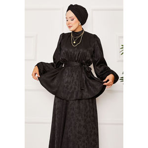 Conjunto de Dos Piezas de Satén para Mujer, Estilo Jacquard, con Cintura Elástica y Cinturón Desmontable, Estilo Club, Color Negro - Pedido Mínimo 2 Piezas - Product Image 2
