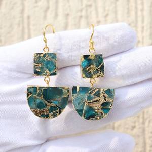 Double stone copper turquoise jewelry mohave apatite copper turquoise dangle earring 18k gold electroplated geometric earrings - Product Image 3