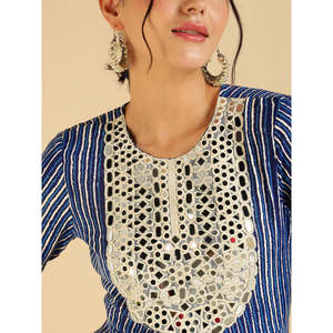 Conjunto de Túnica Elegante Bordada con Rayas Azules y Pantalones Palazzo para Mujer, Mangas Tres Cuartos, Tela Crepé, Primavera/Verano - Product Image 2