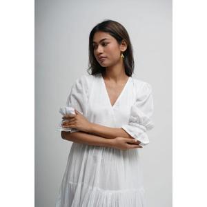 Vestido Largo de Verano para Mujer, 100% Algodón, Blanco, con Capas, Cuello en V, Manga Abullonada, Estilo Casual, Holgado, Bohemio, con Estampado Floral Paisley - Product Image 3