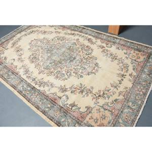 Tapis en Latex de Laine Turque Vintage 6.1X9.5 pieds Beige Bleu Patchwork Design pour Décorations de Salon - Product Image 4