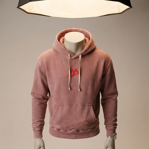 MATTIERA <b>Mens</b> Embroidered Dusty <b>Pink</b> Washed Pullover <b>Hoodie</b> Red Logo 100% Cotton Fleece Sweatshirt Streetwear Casual Hooded Top - Product Image 1
