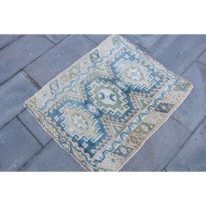 พรมตุรกีโบราณขนาดเล็ก 2.5x2.9 ฟุต สีน้ำเงินเขียว พรมขนสัตว์สไตล์ตะวันตกเฉียงใต้ - Product Image 3