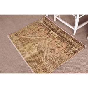 Vintage Turkish <b>Rug</b>, 3.2x2.6 ft Small <b>Rug</b>, Brown Beige <b>Check</b> <b>Rug</b> - Product Image 2