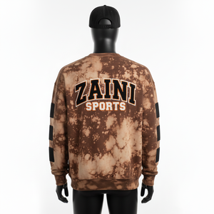 Sudaderas Básicas de Algodón Suave de 350 GSM con Tinte Anudado en Color Marrón, Paneles de Manga con Parches, Logotipo Personalizado y Bordado Chenille - Product Image 3