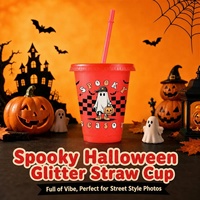 Gobelet en plastique 16oz à logo personnalisé, motif Sugar Skull et paillettes, pour le Jour des Morts et Halloween, réutilisable, avec couvercle et paille, vente en gros usine