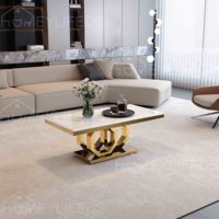 Ensemble de tables basses modernes de luxe en acier inoxydable doré pour salon, mobilier de maison avec plateau en pierre frittée marbrée claire