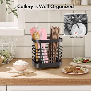 Organisateur de comptoir en métal moderne porte-couverts carré avec rangement de couverts ustensile Caddy Crock et support de cuillère - Product Image 3