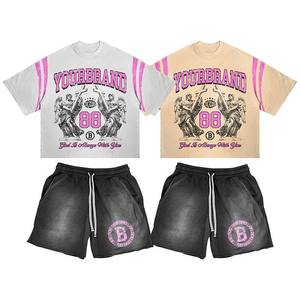 Fabrication sur mesure de haute qualité délavé à l'acide vintage 100% ensemble de shorts en coton multicolore sérigraphié courts et chemises - Product Image 1