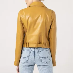 Blouson de motard en cuir véritable jaune pour femme, ceinturé à la taille, avec fermeture éclair asymétrique et revers, en peau de mouton, manteau de moto personnalisé couleur moutarde - Product Image 4