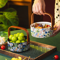 CH04 Iris Bloem Keramische Fruitmand Schaal Decoratieve Serveerschaal met Handvat voor Snacks & Gedroogd Fruit op de Woonkamertafel