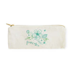Estuche para Lápices y Bolsa de Viaje de Lona de Algodón con Diseño Floral Acuático y Nombre Personalizado, Bolsas de Algodón Personalizadas - Product Image 1