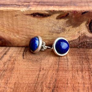 Handmade <b>Sterling</b> <b>Silver</b> <b>Stud</b> <b>Earrings</b> with Natural Lapis Lazuli Gemstones Round Cabochon Design - Product Image 5