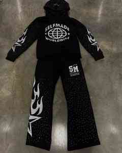 Ropa de calle lavada con piedras ácidas personalizada, pantalones acampanados abiertos de pierna ancha holgados, chándal con estampado de diamantes de imitación, sudadera con dobladillo crudo - Product Image 6