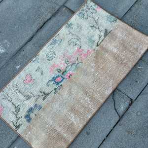 Turkish Vintage <b>Wool</b> Patchwork Rug 1.3x2.4 ft (41x73 Cm) <b>Brown</b> with Latex Backing - Product Image 2