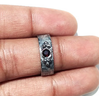 Anillo de Plata de Ley 925 con Granate Natural Oxidado de Forma Redonda, Anillo de Lujo para Boda y Aniversario