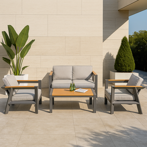 Ensemble <span class=keywords><strong>de</strong></span> meubles <span class=keywords><strong>de</strong></span> patio extérieur en métal moderne, ensemble <span class=keywords><strong>de</strong></span> canapé <span class=keywords><strong>de</strong></span> <span class=keywords><strong>jardin</strong></span> 4 pièces, accoudoirs aspect <span class=keywords><strong>bois</strong></span>, table basse, écologique, antirouille - Product Image 4