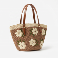 Sac fourre-tout en raphia floral, sac à main tissé avec broderie et doublure en coton, résistant à l'eau, pour la plage, les voyages et l'usage quotidien