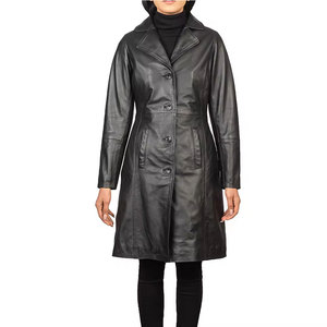 Manteau en cuir long pour femme, vêtement d'extérieur classique et tendance pour la saison automne-hiver, confortable - Product Image 1