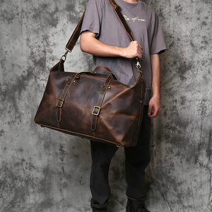 Genuine Leather Foldable Portable Weekender <b>Duffel</b> <b>Bag</b> Zipper Closure Durable Vintage Style Large Capacity Waterproof Travel - Product Image 2
