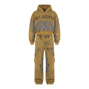 Custom Women Acid Wash Khaki Gray <b>Cropped</b> Zip Hoodie Cargo <b>Jogger</b> Set Cotton Fleece Streetwear Tracksuit OEM Wholesale - Product Image 4