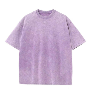 เสื้อยืดโอเวอร์ไซส์สีลาเวนเดอร์ ผ้าเจอร์ซีย์ฟอกสี ทรงลำลอง คอกลม แขนสั้น สีพื้น ความยาวปกติ ผ้าถัก ฟอกสีแบบแอซิดวอช สำหรับผู้ชาย - Product Image 2