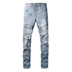New Fashion Men <b>Jeans</b> Skinny High Street Vintage Washed <b>Jeans</b> Wholesale Custom Logo <b>Slim</b> Fit Distressed <b>Jeans</b> for Men OEM - Product Image 1