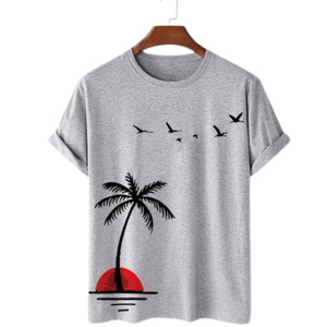 T-shirt personnalisé gris avec motif palmier et coucher de soleil, imprimé style plage soleil rouge avec oiseaux en vol, unisexe, en coton doux, streetwear décontracté, OEM - Product Image 1