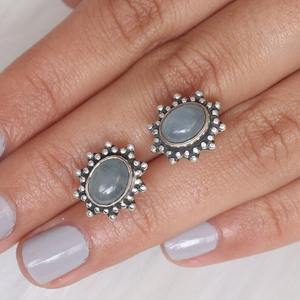 Estilo bohemio 925 plata esterlina aguamarina piedras preciosas Stud pendientes joyería hecha a mano pendientes de plata joyería para mujer regalo de boda - Product Image 2