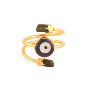Luxury jewelry natural raw tourmaline charms eye gold plated adjustable ring three layered open statement ring jewelry