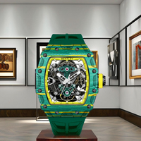 Montre mécanique automatique de luxe en fibre de carbone de haute qualité, entièrement verte, en silicone, avec verre saphir, analogique, double squelette