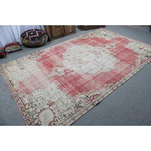 Turkish Vintage Rug, 6.2x10.1 ft Large Rug, <b>Red</b> White Solid <b>Wool</b> Rug - Product Image 2