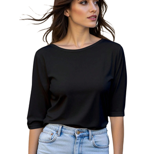 <b>Women</b> <b>Black</b> Three Quarter Sleeve T <b>Shirt</b> O-Neck Regular Fit Soft Stretch Breathable Quick Dry Knitted Solid Cute Everyday Basic - Product Image 1