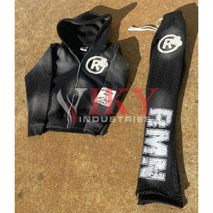 Rhinestone Wholesale Tracksuits for <b>Men</b> Unisex Flare Tracksuit Distressed Embroidery Design Hoodie and Pants Sets Acid <b>Washed</b> - Product Image 5