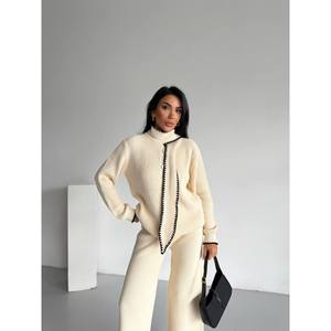 Mybeefashion Women's Black Shawl Collar Knitwear Two-Piece <b>Set</b> - Elegant Wool Blend Acrylic <b>Sweater</b> and Trousers Outfit - Product Image 6