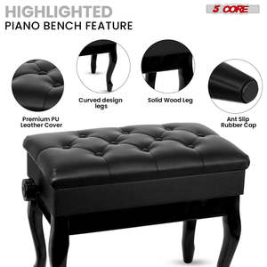 5 Core Piano Bench 3 Padded Cushioned <b>Stool</b> Wooden Heavy Duty Adjustable Musician Chair w Storage - Product Image 4