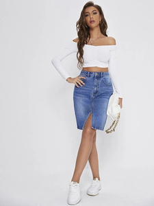 Minifalda Vaquera Recta Sexy de Moda para Mujer, Abertura Frontal, Lavada, para Primavera Verano, Ecológica, Diseño Sólido con Logotipo en la Cintura - Product Image 6