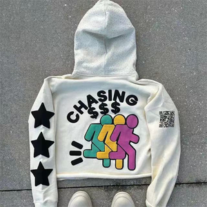 Men's Cropped Boxy Hoodie with Distressed Animal and Designer Printed Rhinestone Screen Printed Autumn XS Size - Product Image 2