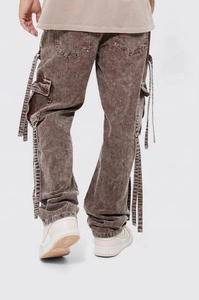 Nuevos detalles de la correa de lavado ácido de Color chocolate, pantalones de pana con bolsillos Cargo holgados para hombres, pantalones vaqueros personalizados de alta calidad para hombres, OEM - Product Image 2