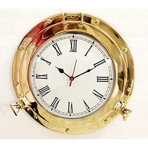 Reloj de pared de latón náutico con acabado antiguo, reloj de barco con forma de ojo de buey decorativo para oficina en casa de Metal a la venta - Product Image 6