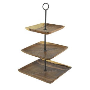 Plateau de service rond en bois à 3 niveaux fait à la main avec poignée en métal solide pour les mariages et les occasions spéciales - Product Image 3