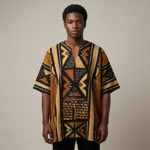 Robe courte africaine Bogolan pour hommes – Vêtements traditionnels africains faits à la main en lin et coton – Fournisseur en gros OEM personnalisé - Product Image 2