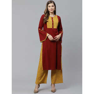 ชุดคุर्ตาผ้าฝ้ายสลับและผ้าแคมบริคทรงตรงปกติสำหรับผู้หญิง พร้อมกางเกงปาลาซโซ สีมารูน ขนาด 46 นิ้ว สวมใส่สบาย - Product Image 6