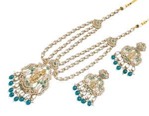 เครื่องประดับผู้หญิงที่ทันสมัยที่สุดสำหรับงานแต่งงานของชาวอินเดียหิน CZ ประดับด้วยสร้อยคอยาวและต่างหูแบบโบราณ - Product Image 1