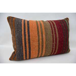 Almohada de lana de retazos Kilim Multicolor, cojín decorativo de 16x24 pulgadas con técnica de tejido con patrón de hojas esponjosas Vintage - Product Image 2
