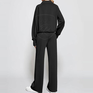 Conjunto de dos piezas para mujer, tejido acanalado, manga larga y pantalón de cintura alta con pierna ancha, ropa para estar en casa. - Product Image 4