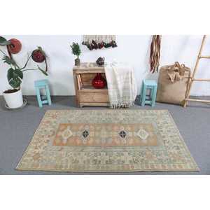 3.7x5.8 ft Vintage Turkish <b>Wool</b> Rug Eco-Friendly Brown <b>Yellow</b> Patchwork with Latex Backing - Product Image 1