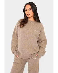 Ensemble de survêtement 2 pièces pour femme, en tricot uni brodé, à capuche, à manches longues, surdimensionné, pour l'hiver - Product Image 1