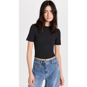 Premium Material OEM Black Basic Crop-Tee with crew neck Y2K style Customizable Trendy baby slim fit black tee for <b>Women</b> - Product Image 4