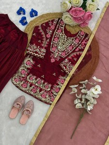 Kids Maroon Velvet Pakistani Salwar Kameez Girls <b>Eid</b> Wedding Wear Embroidered 3Pc Designer Suit With Dupatta - Product Image 4